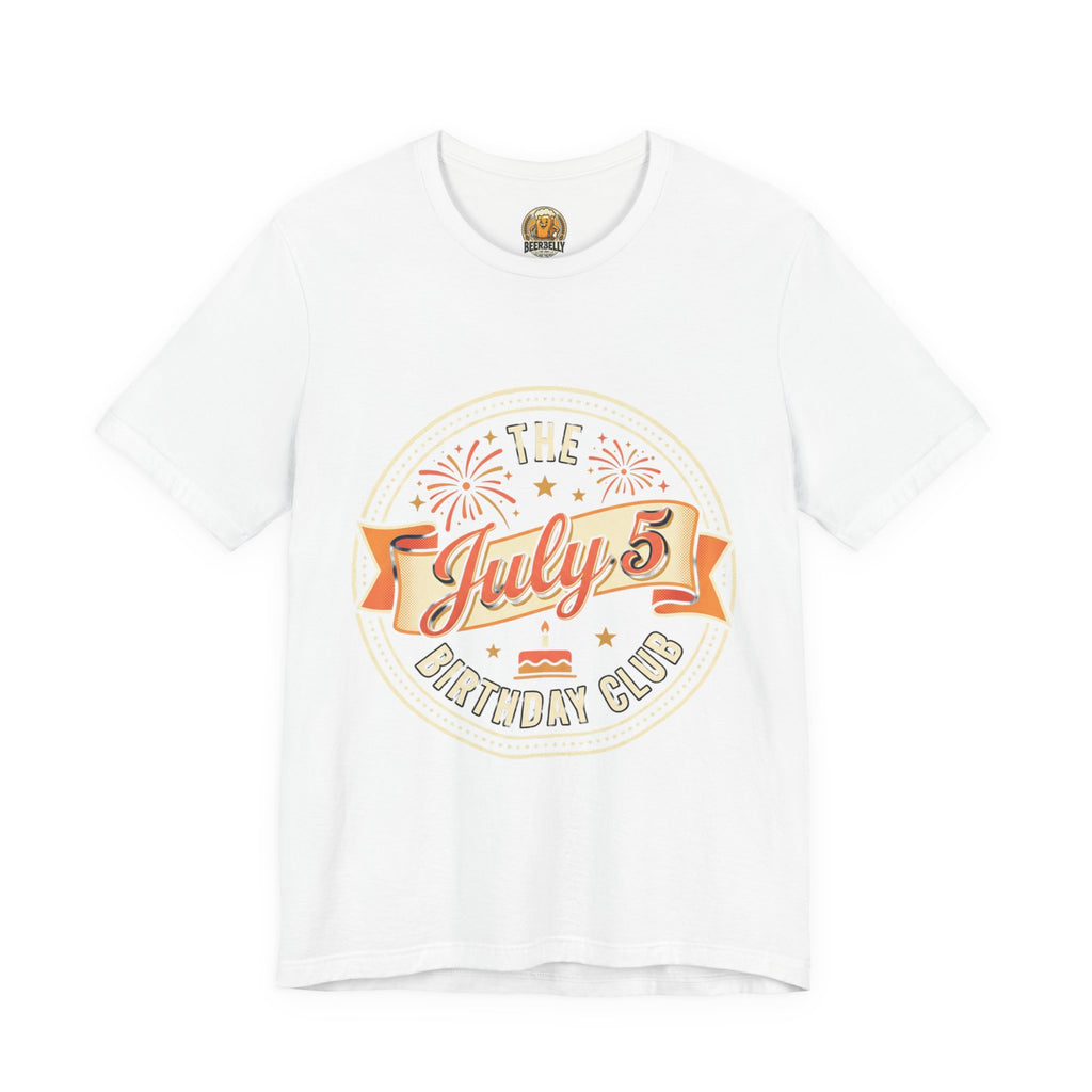 July 5th Birthday Club T-Shirt — Retro Fireworks Celebration Tee